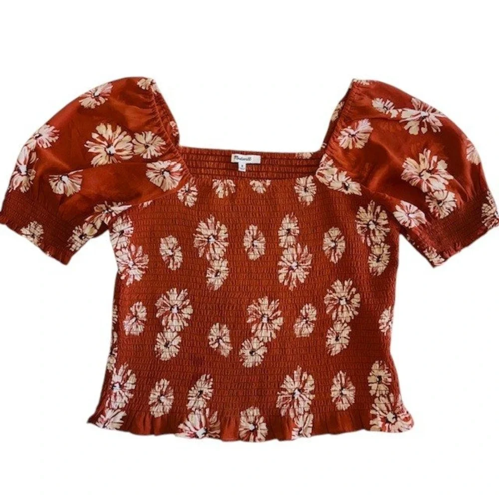 Madewell Georgette Lucie Floral Smocked Top Square Neck Puff Sleeve‎ Rust Size M - Picture 11 of 16